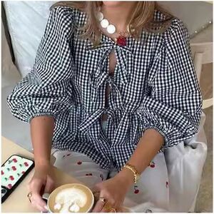 NEW~ Black Gingham Tie Front Top Babydoll Long Sleeve Peplum Babydoll Shirt L